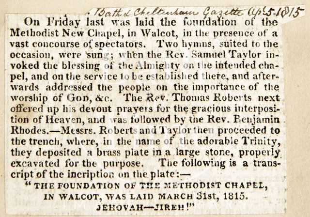 The laying of the foundation stone of the Methodist New Chapel Walcot, Bath 1815