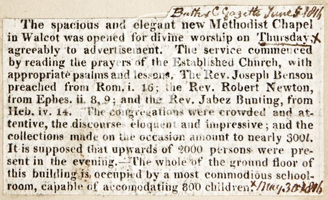 The opening of the new Methodist Chapel, Walcot, Bath 1816