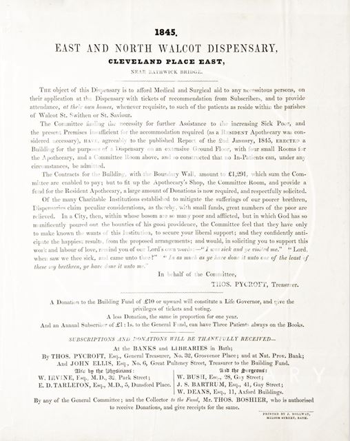 Article asking for further donations towards the East and North Walcot Dispensary, Cleveland Place, Bath 1845