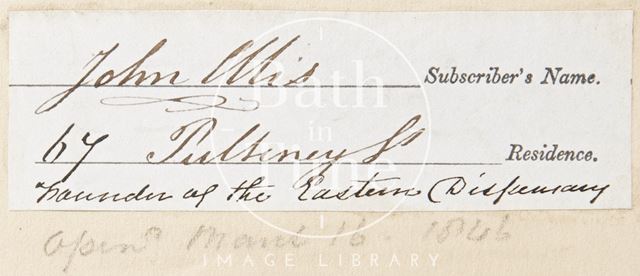 Subscribers note belonging John Ellis of Poultney Street, founder of the Eastern Dispensary, Bath