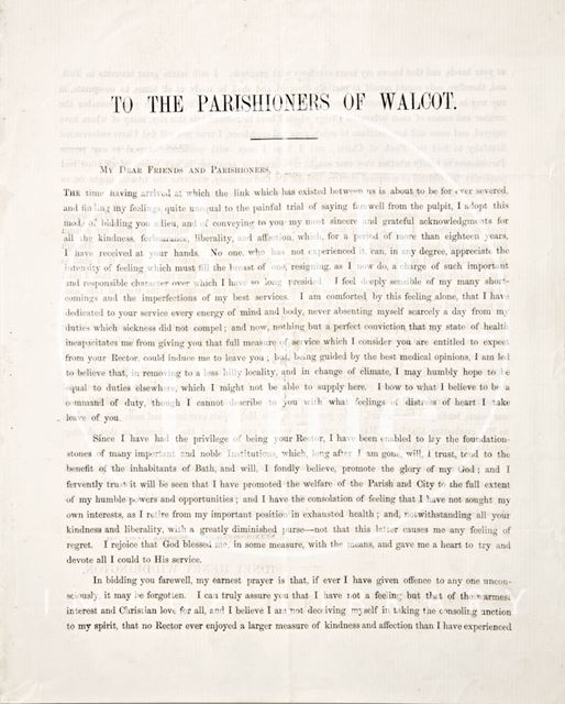 Leaflet regarding the resignation of Sydney Henry Widdrington of Walcot Parish, Bath 1858