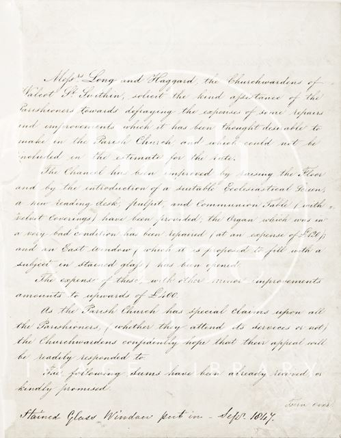 Handwritten letter in which the church wardens of Walcot St. Swithin thanks for contributions for improvements, Bath 1847