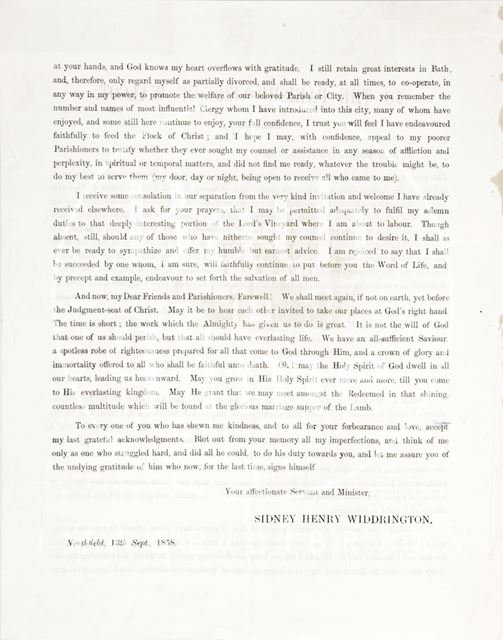 Leaflet regarding the resignation of Sydney Henry Widdrington of Walcot Parish, Bath 1858