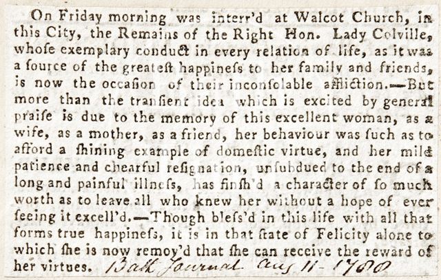 The funeral of the Right Honourable Lady Coleville at Walcot Church, Bath 1788