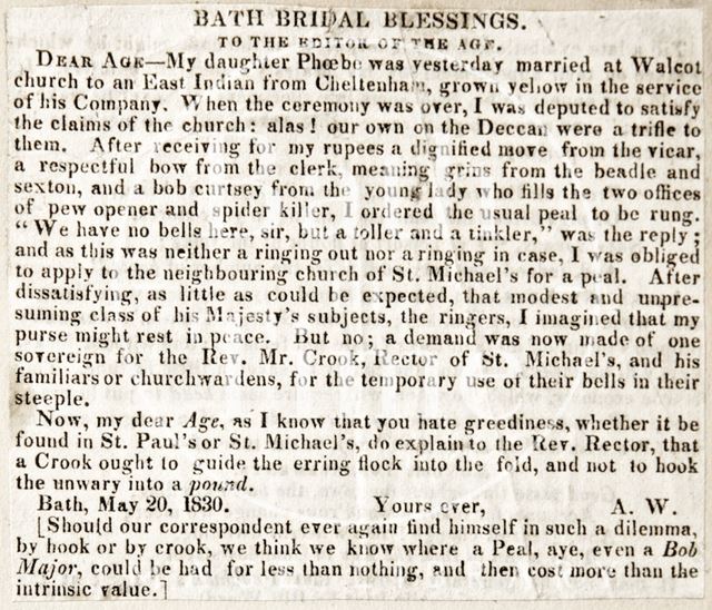 A letter to the editor complaining of a lack of church bells at Walcot, Bath 1830