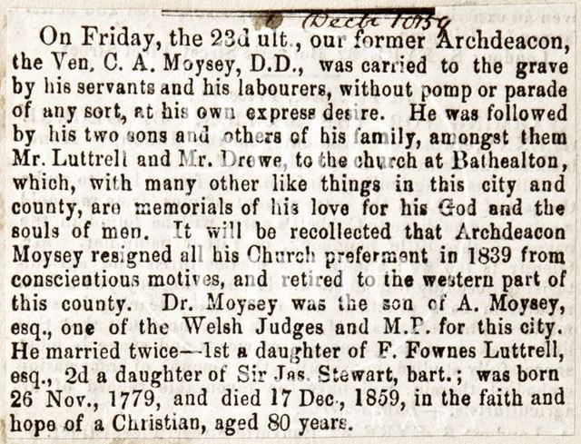 The funeral of former Archdeacon Moisy of Walcot, Bath 1859