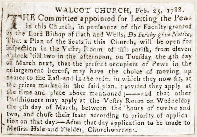 A meeting to let the pews of Walcot Church, Bath 1788