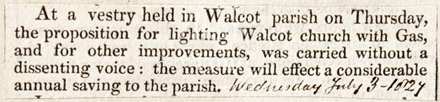 New gas lighting at Walcot Church, Bath 1827