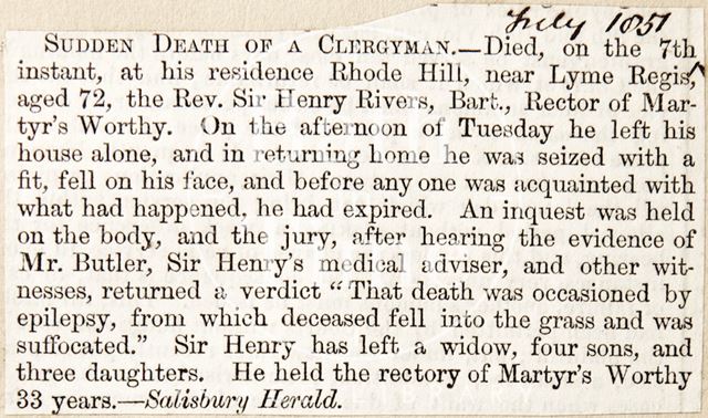 The sudden death of Rev. Sir Henry Rivers 1857