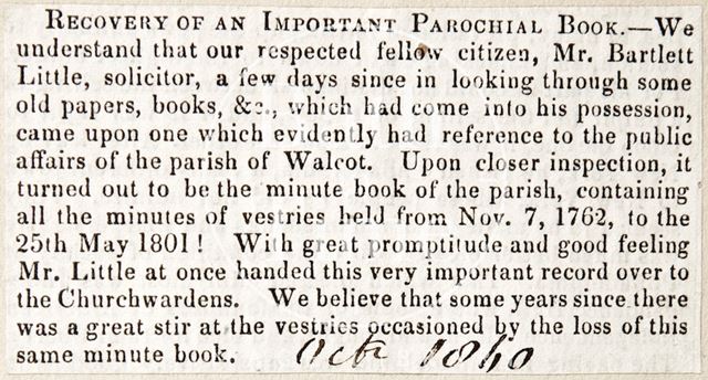 The recovery of an old minute book of the vestry of Walcot, Bath 1840