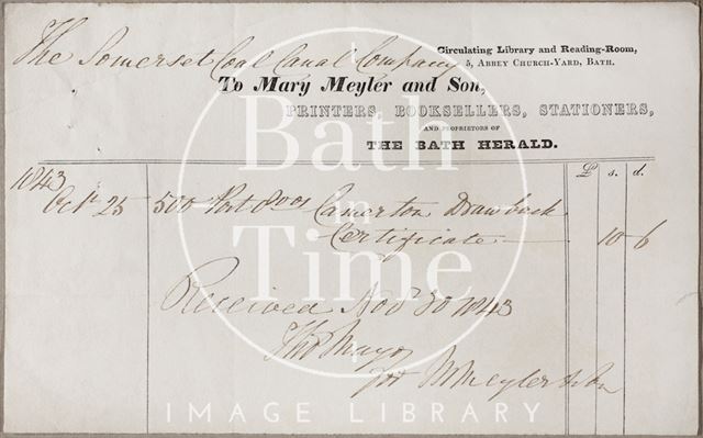 Mary Meyler and Son, Printers, Booksellers, Stationers and Proprietors of the Bath Herald, 5, Abbey Church Yard, Bath 1843