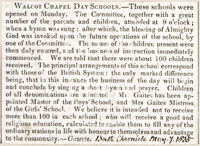 The opening of Walcot Chapel's day schools, Bath 1837