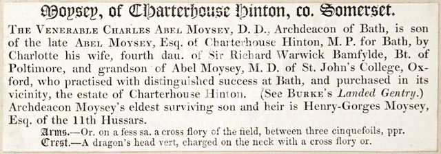 The Venerable Charles Abel Moysey D.D. Archdeacon of Bath has purchased the estate of Chant House Hinton