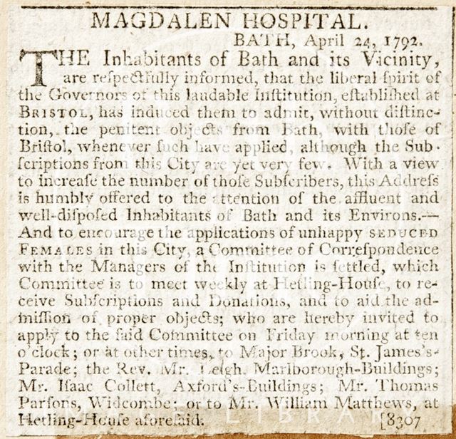 Announcing the establishment of the Magdalen Hospital Governors 1792