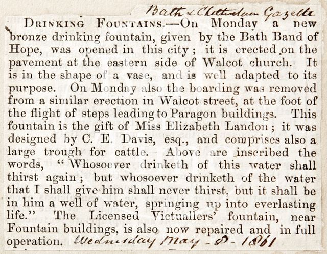 The opening of a brand new drinking fountain at Walcot Church, Bath 1861