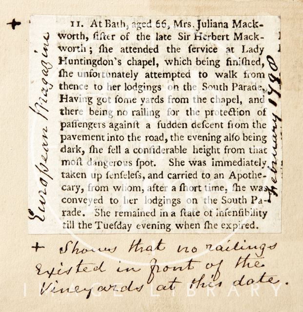 The death of Julienna Macworth after she fell outside Lady Huntington's Chapel, Bath 1798