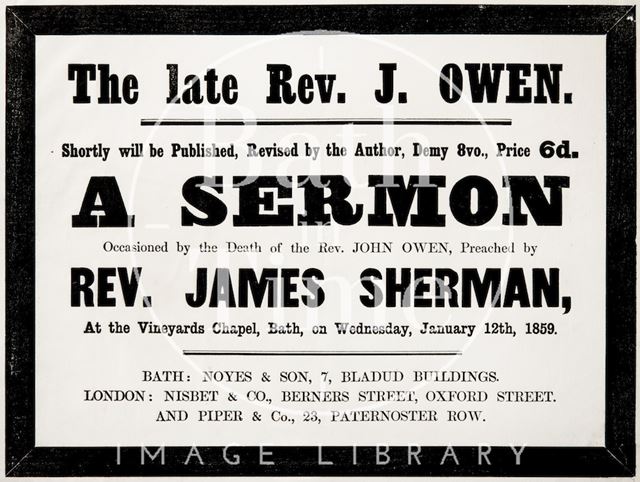 Poster of sermon by Reverend J. Owen at the Vineyards Chapel, Bath 1859