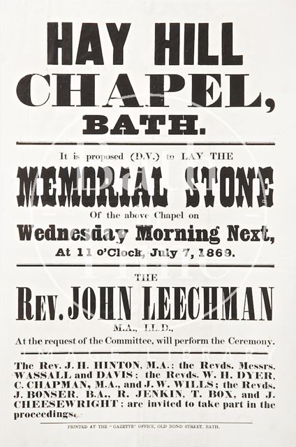 Poster advertising the laying of the foundation stone of the Hay Hill Chapel, Bath 1869