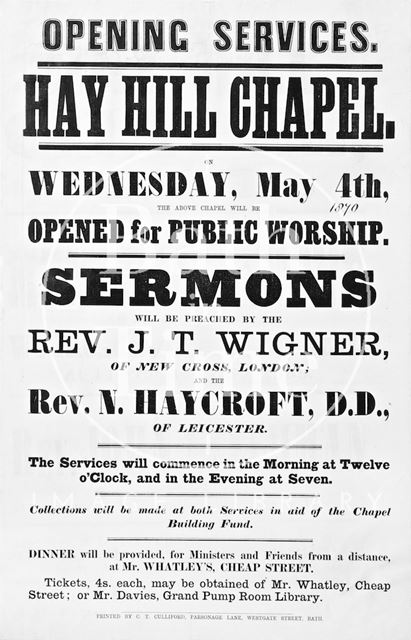 Poster advertising the opening service of Hay Hill Chapel, Bath 1870