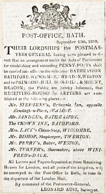 Penny posts will be extended into Batheaston, Bathford, Widcombe, Twerton, Weston, Primrose Hill, Sion Hill and Mount Beacon, Bath 1810