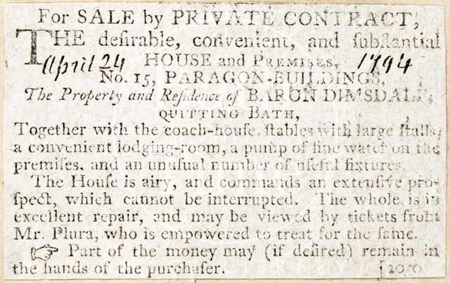 The sale of fifteen Paragon Buildings, Bath 1794