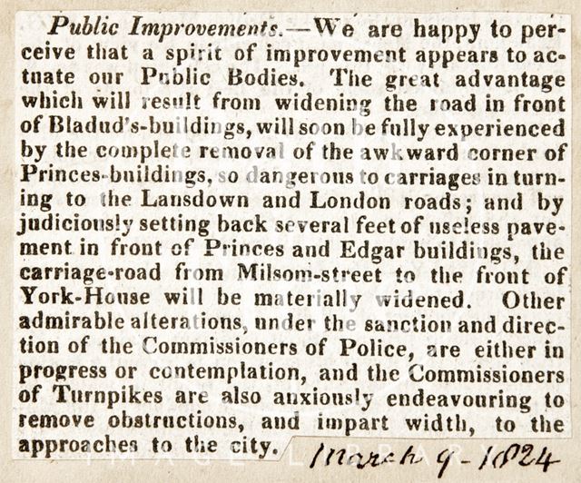 The widening of the roads in front of Bladud Buildings, Bath 1824