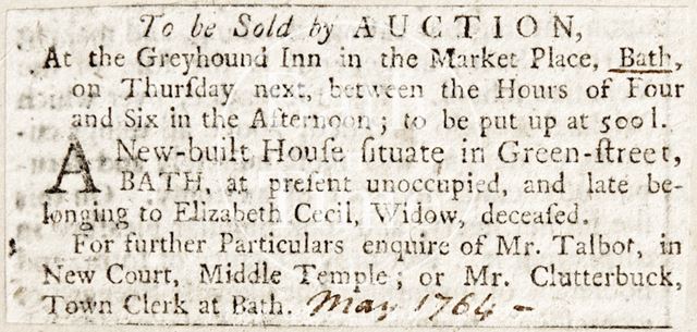 The sale of the New House in Green Street, Bath 1764