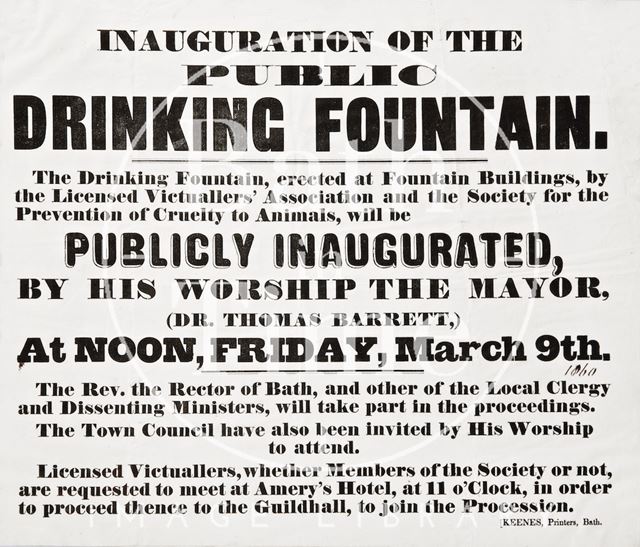 Poster advertising the inauguration of the Public Drinking Fountain by Lansdown Road, Bath 1860