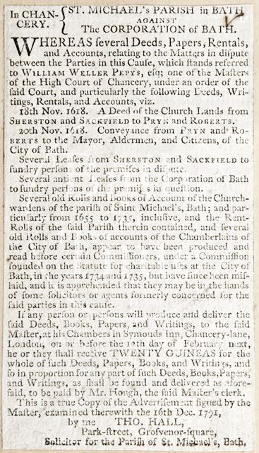 Disputes over St. Michael's Church, Parish of Bath 1791