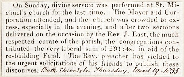 The last service at St. Michael's Church before refurbishment, Bath 1835