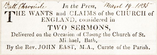 The last Sunday service before refurbishment of St. Michael's Church, Bath 1835