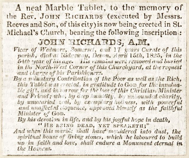 A marble tablet to be erected in the memory of Rev. John Richards at St. Michael's Church, Bath