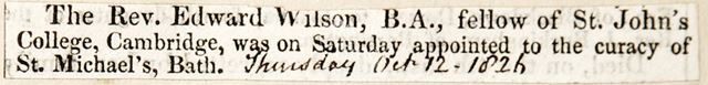 The appointment of Rev. Edward Wilson B.A. at St. Michael's Church, Bath 1826