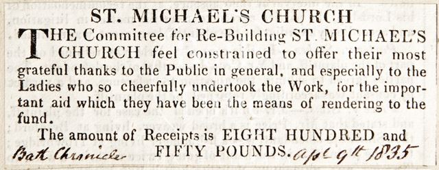 Thanks for contributions towards the new St. Michael's Church, Bath 1835