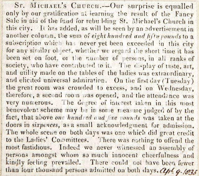 The fancy sale which added to the fund for the new St. Michael's Church, Bath 1835