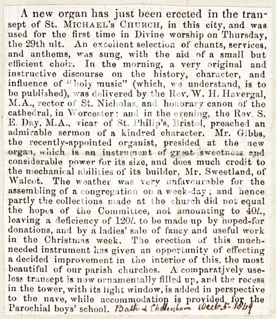 A new organ at St. Michael's Church, Bath 1849