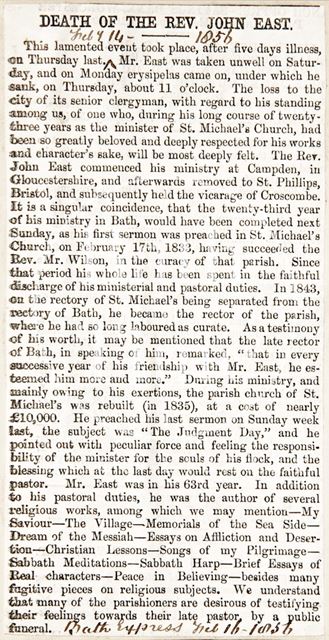 The death of Rev. John East 1856