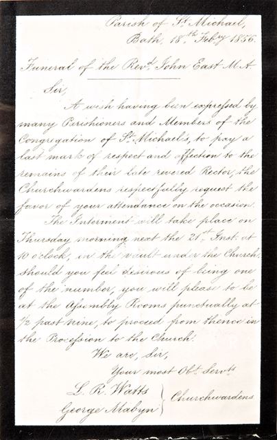 Handwritten letter to the Parish of St. Michael's Church, Bath from the Church Wardens expressing a desire to pay final respects to Rev. John East 1856