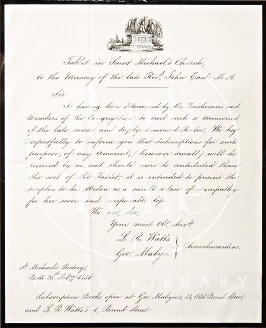 Handwritten letter regarding the funds towards a tablet in St. Michael's Church, Bath in remembrance of Rev. John East, from the Church Wardens 1856