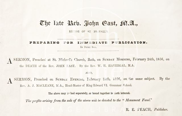 Advertisement of sermons regarding the late Rev. John east M.A. at St. Michael's Church, Bath 1856