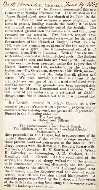 The consecration of the new cemetery at St. Michael's Church, Bath 1862