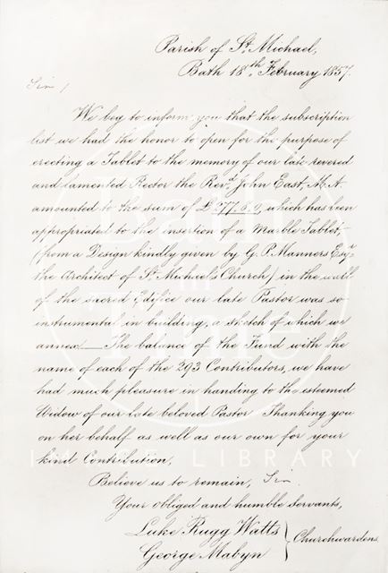 Handwritten letter regarding funds raised by the Parish of St. Michael, Bath for the memorial tablet for the late Rev. John East 1857