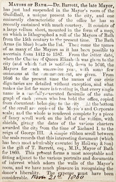 The unique present that Dr. Barrett brought to the Mayors room at the Guildhall, Bath 1860