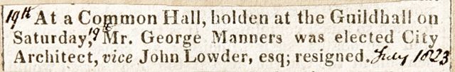 The appointment of Mr. John Manners. as city architect, Bath 1823