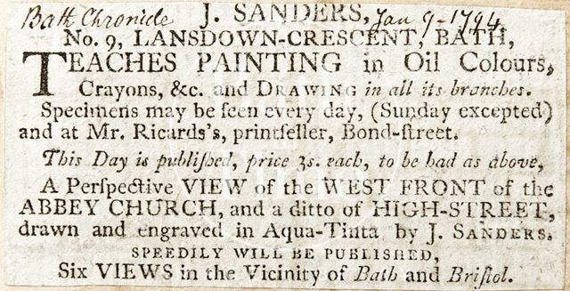 Advertisement for J. Sanders' painting lessons 1794