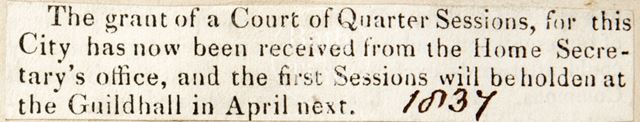 A grant of a Court of Quarter Sessions to the City of Bath from the Home Secretary's Offices 1832