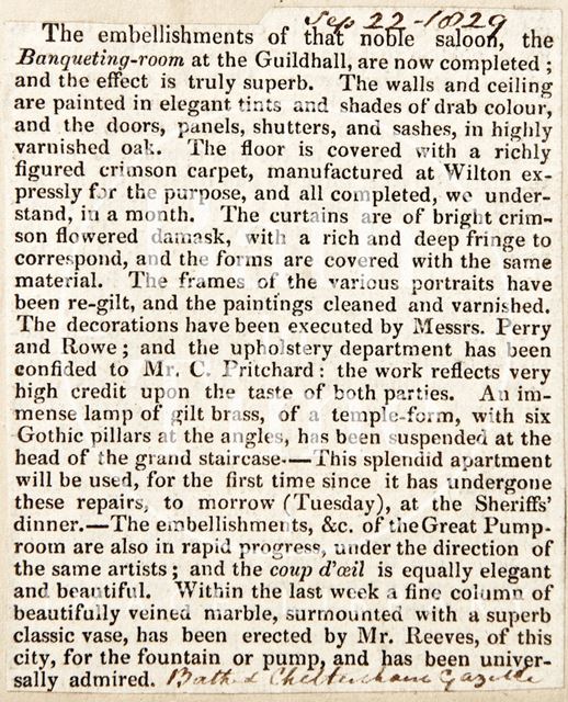 The furnishings of the Noble Saloon (Banqueting Hall) the Guildhall, Bath 1829