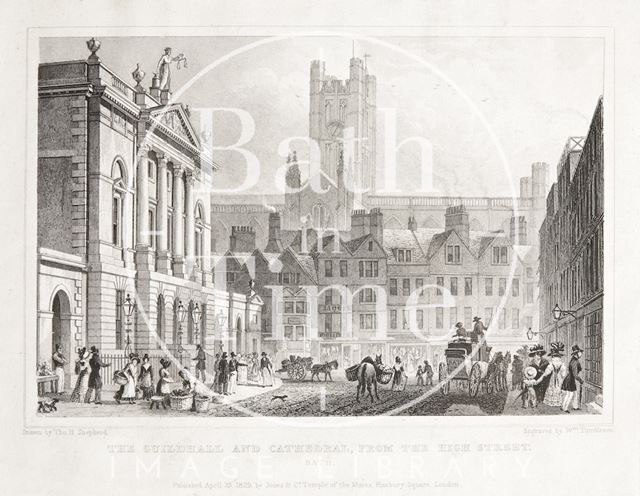 The Guildhall and Cathedral, from the High Street, Bath 1829