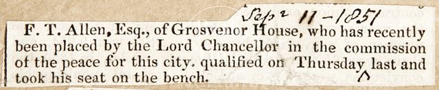 The appointment of F.T. Allen Esq. of Grosvenor House to Lord Chancellor 1851