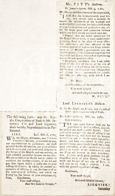 A letter from Mayor, Alderman and Council of Bath thanking Mr. Secretary Pitt and Lord Ligonier for their services in parliament 1720